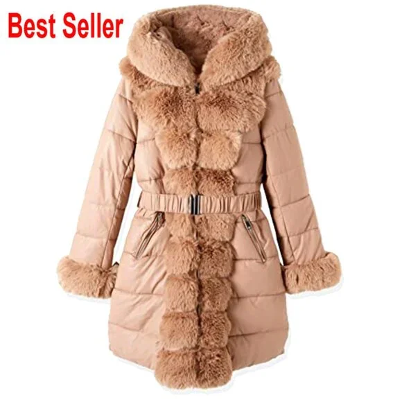 Faux Leather Puffer Jacket with Fur Hood Water-Resistant Belted Coat - Picture 7 of 7